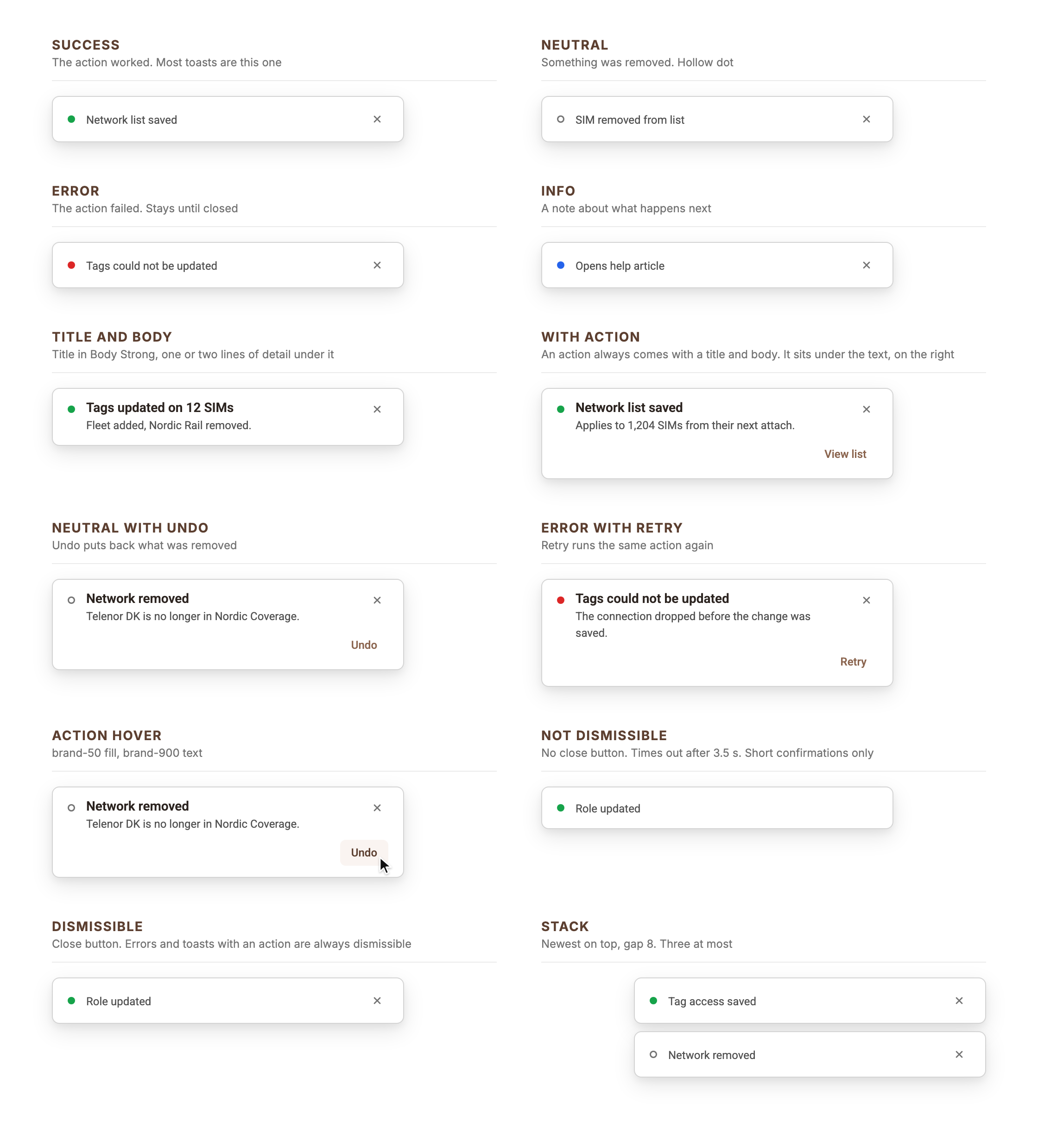 Toasts: success, neutral, error and info on one line, title with body, with an action, neutral with undo, error with retry, action hover, not dismissible, dismissible, and a stack